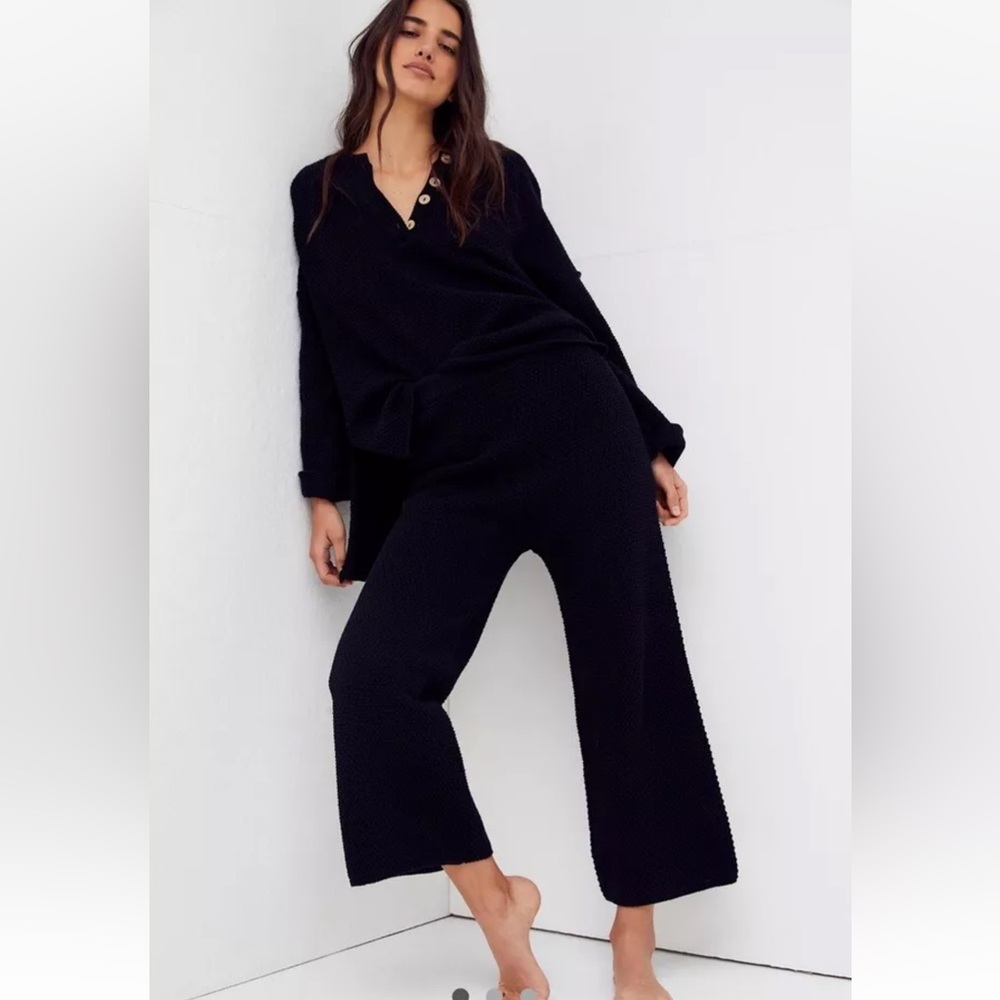 Free People Hailee Sweater Set 2 Piece Waffle Knit Black